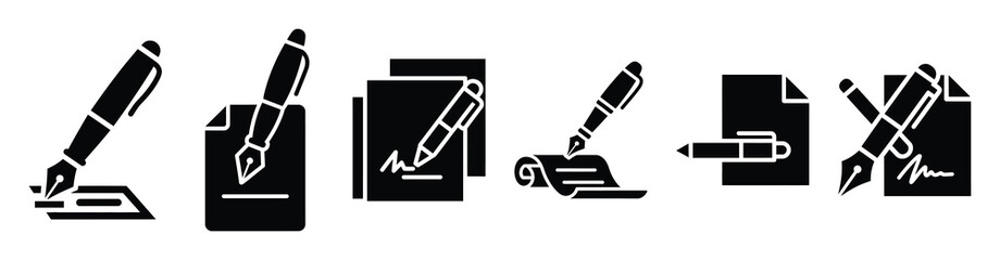 Set of settlement agreement pen vector icons isolated on white background. Vector illustration. Black flat design