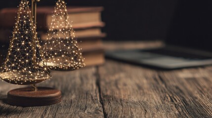 Cyber Law Awareness Background With Balanced Scales and Stacks of Books on Wooden Table During Evening Hours