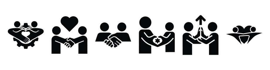 Set of shared value creation vector icons isolated on white background. Vector illustration. Black flat design