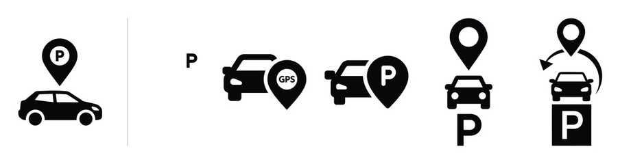 Set of smart parking locator vector icons isolated on white background. Vector illustration. Black flat design