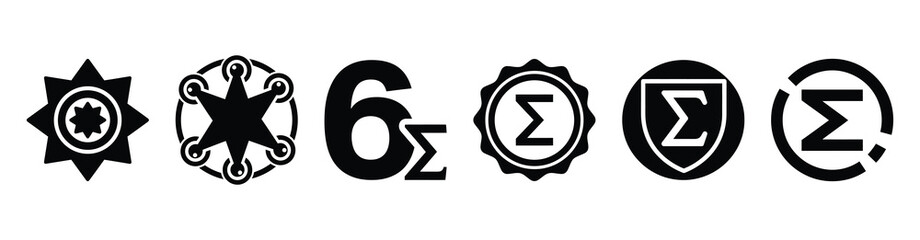 Set of six sigma badge vector icons isolated on white background. Vector illustration. Black flat design