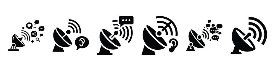 Set of social listening radar vector icons isolated on white background. Vector illustration. Black flat design