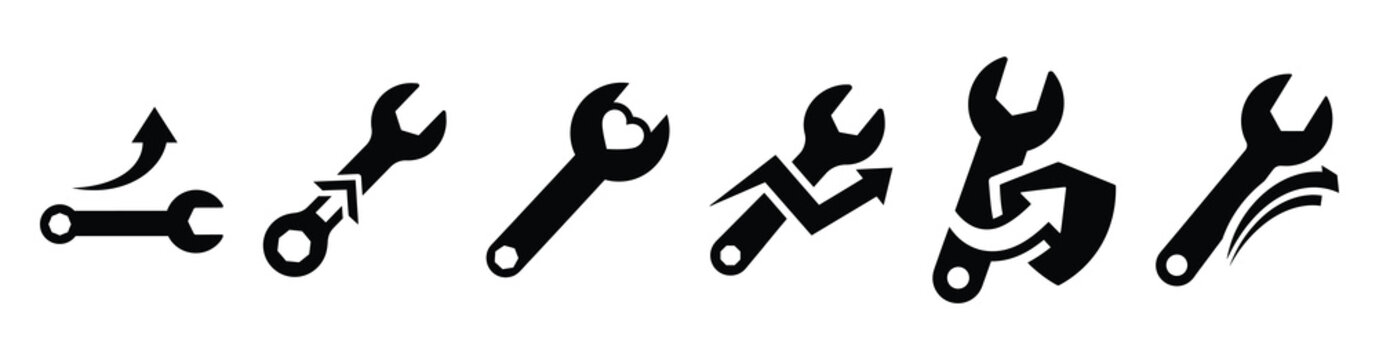 Set of reputation recovery wrench vector icons isolated on white background. Vector illustration. Black flat design