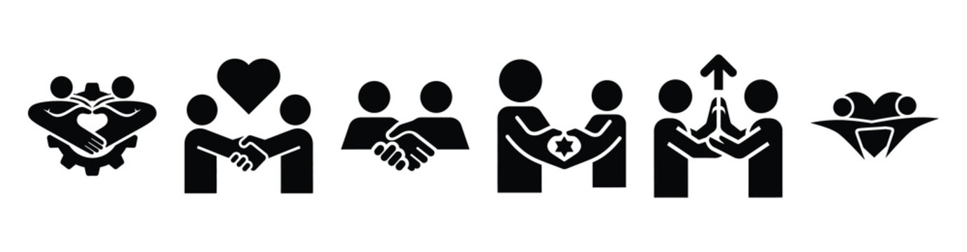 Set of shared value creation vector icons isolated on white background. Vector illustration. Black flat design