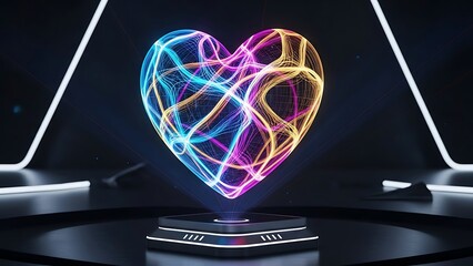 Holographic heart light neon wireframe futuristic display