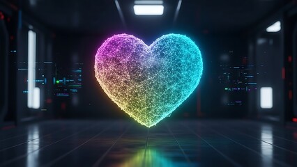 Neon holographic digital heart mesh in futuristic