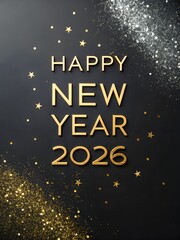 Happy New Year 2026 black background, luxury gold foil typography, glitter particles, elegant festive design, high contrast lighting, premium celebration style, ultra detailed, modern luxury aesthetic