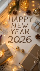 Happy New Year 2026 cozy festive flat lay, warm golden tones, gift boxes, fairy lights, ornaments, handwritten style 2026 text, soft shadows, cozy holiday mood, premium realistic photography

