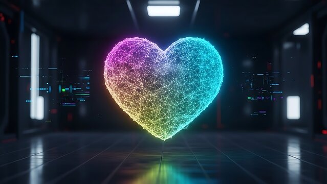 Neon holographic digital heart mesh in futuristic - Powered by Adobe