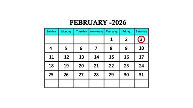 The calendar of February month 3th day is red circled, looped animation. A very important date in the calendar. Signing a day on a calendar. white background. 4k video 