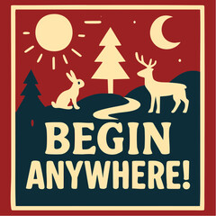begin anywhere; rabbit and deer walk the winding path from sun to moon in forest resolve