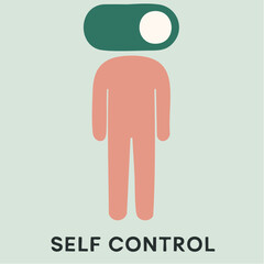 self control switched on; peach figure with toggle head stands in minimalist clarity and mental strength