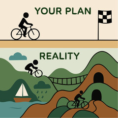 your plan vs reality; flat roads and wild terrain map the truth of effort, obstacles, and destination