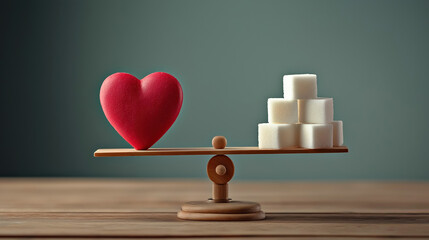 Diabetes Awareness Concept with Red Heart Balancing Sugar Cubes on Scale for Blood Glucose Control, Health Prevention, Medical Education, Chronic Disease Management and Healthy Lifestyle Choices