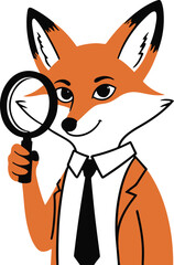 Obraz premium A fox as a detective holding a magnifying glass, smart expression, simple body shapes, flat vector art, limited colors, bold black outline, no shadow, no gradient, illustrator svg style, white backgro