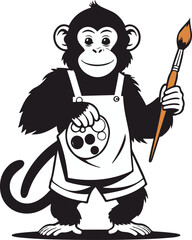 A monkey as a painter holding paintbrush and palette, playful pose, flat vector illustration, simple shapes, limited color palette, thick black outline, no shadow, no texture, sticker style, white bac