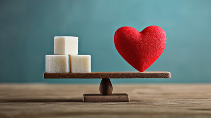 Diabetes Awareness Concept with Red Heart Balancing Sugar Cubes on Scale for Blood Glucose Control, Health Prevention, Medical Education, Chronic Disease Management and Healthy Lifestyle Choices