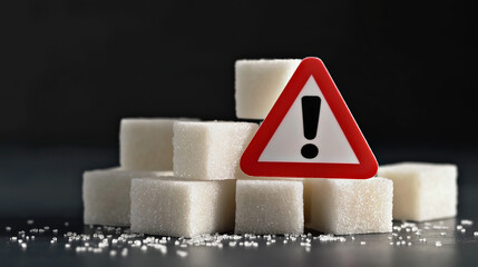 Warning Sign on Stacked Sugar Cubes Demonstrating Harmful Effects of Excessive Sugar Consumption and Health Risks Concept for Diet Awareness and Nutrition Education