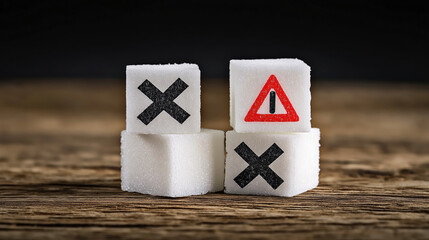 Warning Sign on Stacked Sugar Cubes Demonstrating Harmful Effects of Excessive Sugar Consumption and Health Risks Concept for Diet Awareness and Nutrition Education