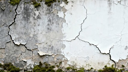 Obraz premium Weathered white paint peeling from old grey concrete wall displaying severe cracks and patches of green moss below.