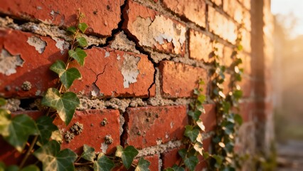 Weathered red brick wall texture detail showing peeling paint, cracks, and climbing green English ivy bathed in warm sunlight.