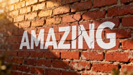 Rough orange and red brick wall featuring the white capital word AMAZING painted across a visible structural crack illuminated by warm sunlight.