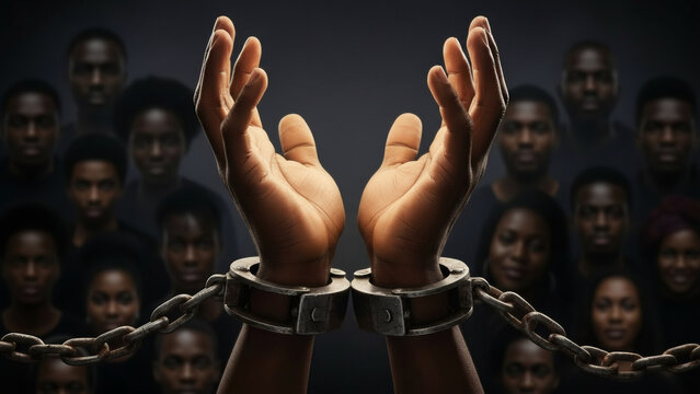 A portrait of black hands outstretched upwards, chained in old, rusty shackles, with silhouettes of black people in the background.
