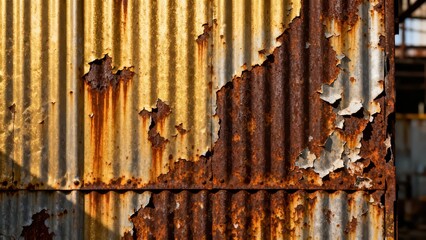 Heavily weathered corrugated metal sheet covered in deep orange rust and peeling yellow paint texture background.