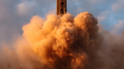 Dramatic rocket launch ignites a massive cloud of orange dust and smoke under golden hour sunlight