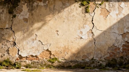 Weathered stucco wall texture featuring crumbling beige plaster, exposed red brick, and deep structural cracks covered in vibrant green moss.