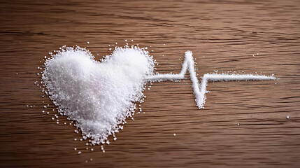 Himalayan salt crystal with ECG heartbeat pulse line on rustic wooden desk - health wellness concept
