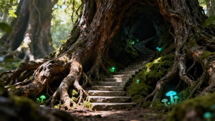 Massive, mossy tree roots framing stone steps that ascend into a dark hollow, lit by glowing bioluminescent mushrooms.