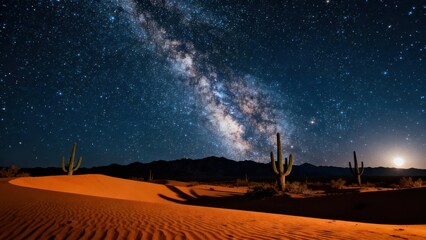 Saguaro cacti stand tall under the brilliant core of the Milky Way galaxy glowing above orange desert sand dunes at night.