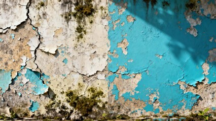 Peeling turquoise paint and cream plaster flaking off a grungy concrete wall, showing deep cracks and patches of green moss.