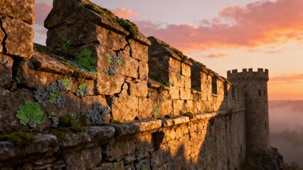 Weathered stone castle battlement wall featuring crenels and lichen illuminated by bright golden light at dramatic sunset.