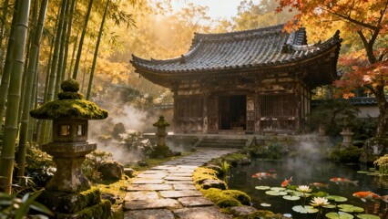 Traditional wooden Japanese temple with tiled roof beside a mist-covered koi pond, winding stone path, and vibrant green bamboo stalks in golden light.
