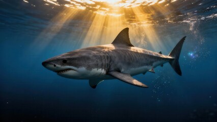 Fototapeta premium Large Great White Shark swimming underwater, illuminated by powerful golden sunlight rays piercing the deep blue ocean surface.
