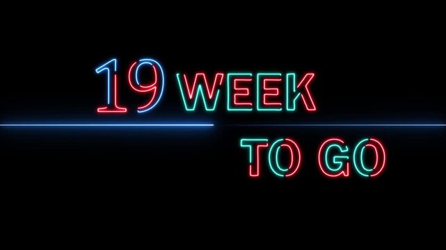 Neon 19week to go animation. Neon counting week on black background. 4K VIDEO