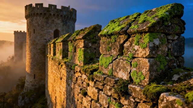 Weathered stone medieval battlement wall covered in vibrant green moss glowing under warm sunrise light. - Powered by Adobe