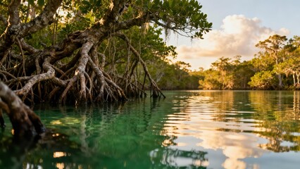 Obraz premium Complex aerial prop roots of mangrove trees hanging above reflective turquoise water in a lush tropical wilderness at golden hour.