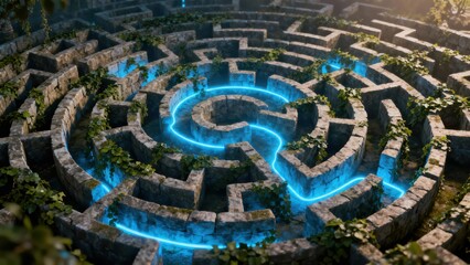 Ancient stone labyrinth covered in green vines highlighting a neon blue solution path leading toward the dark mystical center.