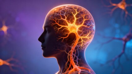 Profile view of a human head illustrating illuminated orange neuron cells within the brain against a deep purple and blue background.