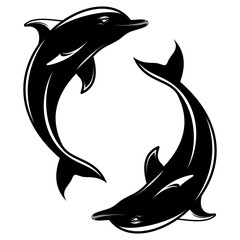Striking black and white vector illustration featuring two stylized dolphins swimming in a harmonious, dynamic arrangement, ideal for marine branding, wildlife designs, or elegant aquatic themes.