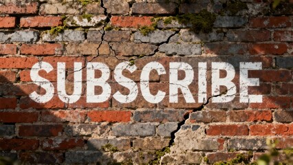 White capital letters spelling SUBSCRIBE digitally overlaid onto a cracked, rustic brick wall featuring aged red and gray masonry and green moss.
