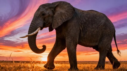 Fototapeta premium African bush elephant strides across the sunlit golden savanna under a colorful pink and orange sunset.