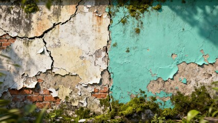 Weathered facade featuring peeling turquoise paint and beige plaster revealing underlying red brick and deep structural cracks.