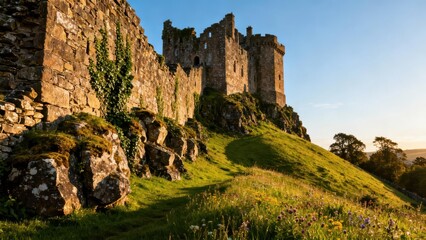 Crumbling medieval stone castle ruins with defensive wall and ivy growth standing on a steep mossy hillside bathed in golden sunlight.