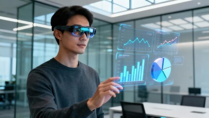 Businessman wearing futuristic smart glasses interacts with glowing blue holographic data visualization charts displayed in a modern office environment.