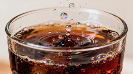Carbonated brown soft drink droplet suspended above the liquid surface creating splash and iridescent reflective bubbles inside a clear glass.