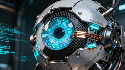 Cybernetic drone eyeball sensor featuring glowing blue circuit board patterns on a weathered metal chassis.